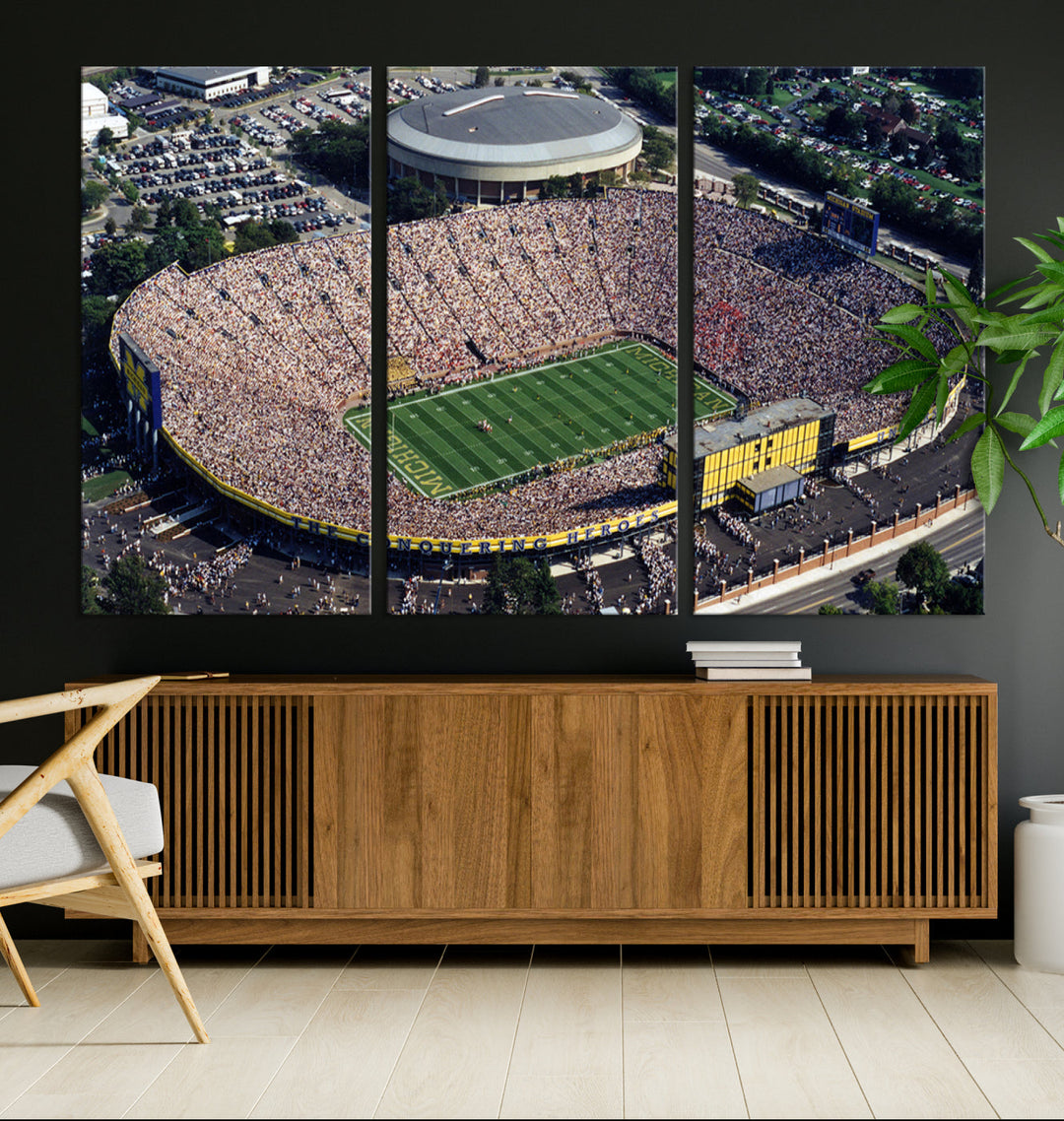 Game Day at Michigan Wolverine Football Stadium Wall Art Canvas Print Ready to Hang Framed American Football Stadium Wall Art, NFL Wall Art