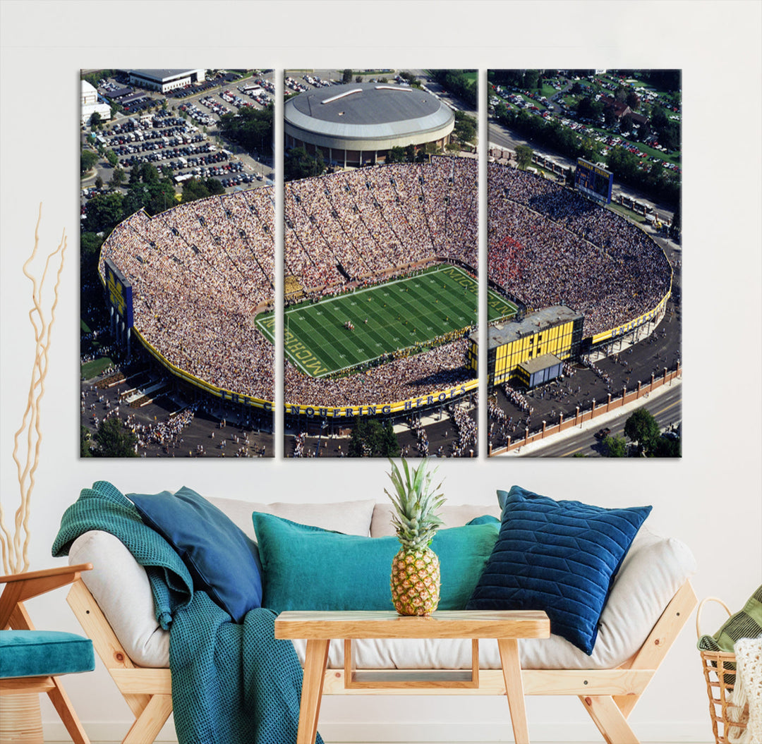 Game Day at Michigan Wolverine Football Stadium Wall Art Canvas Print Ready to Hang Framed American Football Stadium Wall Art, NFL Wall Art