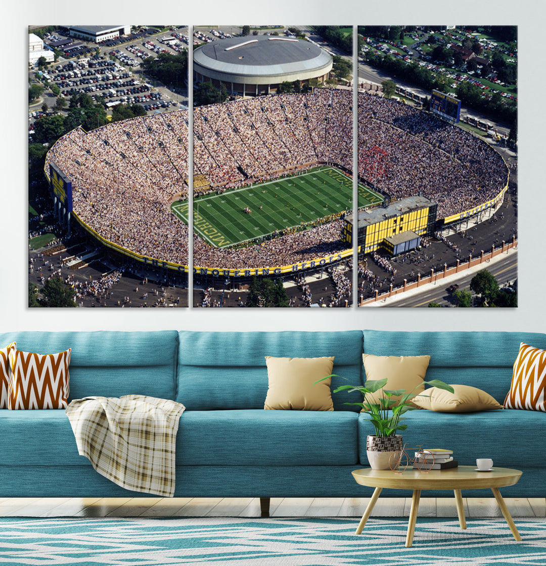 Game Day at Michigan Wolverine Football Stadium Wall Art Canvas Print Ready to Hang Framed American Football Stadium Wall Art, NFL Wall Art