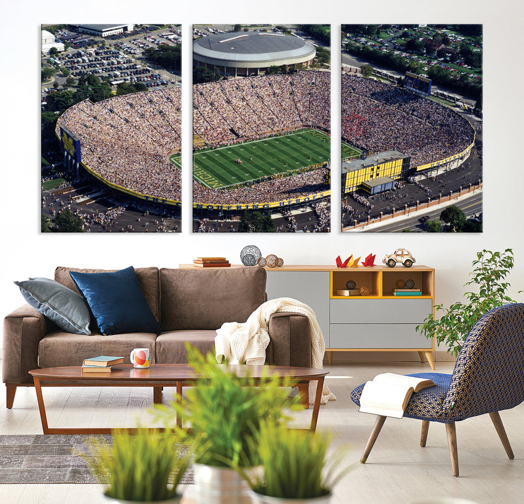 Game Day at Michigan Wolverine Football Stadium Wall Art Canvas Print Ready to Hang Framed American Football Stadium Wall Art, NFL Wall Art