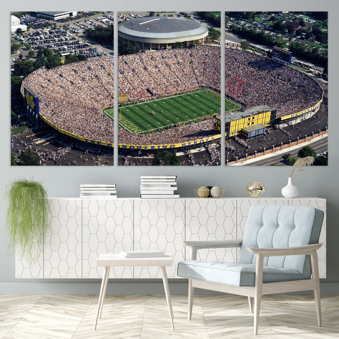 Game Day at Michigan Wolverine Football Stadium Wall Art Canvas Print Ready to Hang Framed American Football Stadium Wall Art, NFL Wall Art