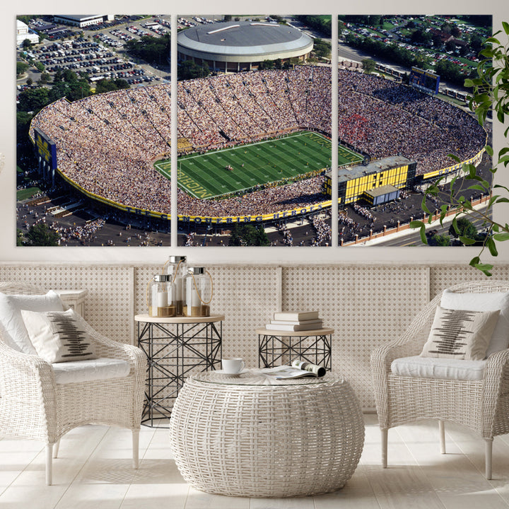 Game Day at Michigan Wolverine Football Stadium Wall Art Canvas Print Ready to Hang Framed American Football Stadium Wall Art, NFL Wall Art