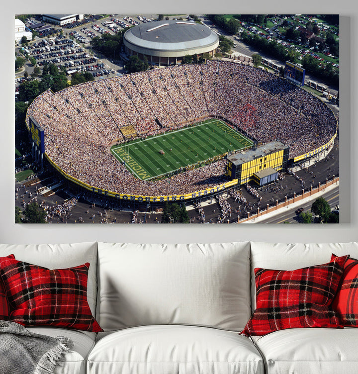 Game Day at Michigan Wolverine Football Stadium Wall Art Canvas Print Ready to Hang Framed American Football Stadium Wall Art, NFL Wall Art