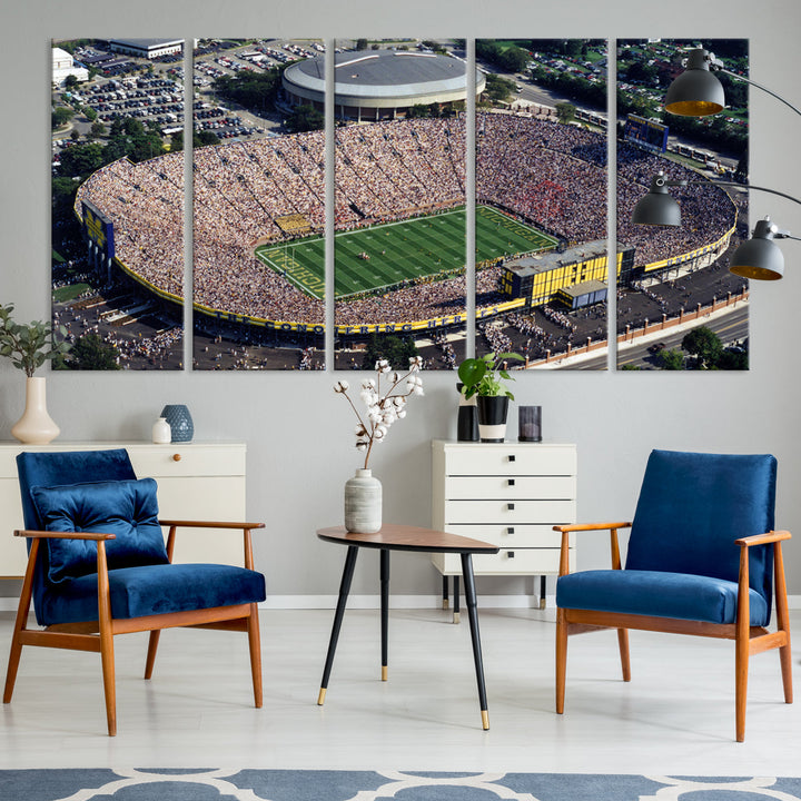 Game Day at Michigan Wolverine Football Stadium Wall Art Canvas Print Ready to Hang Framed American Football Stadium Wall Art, NFL Wall Art