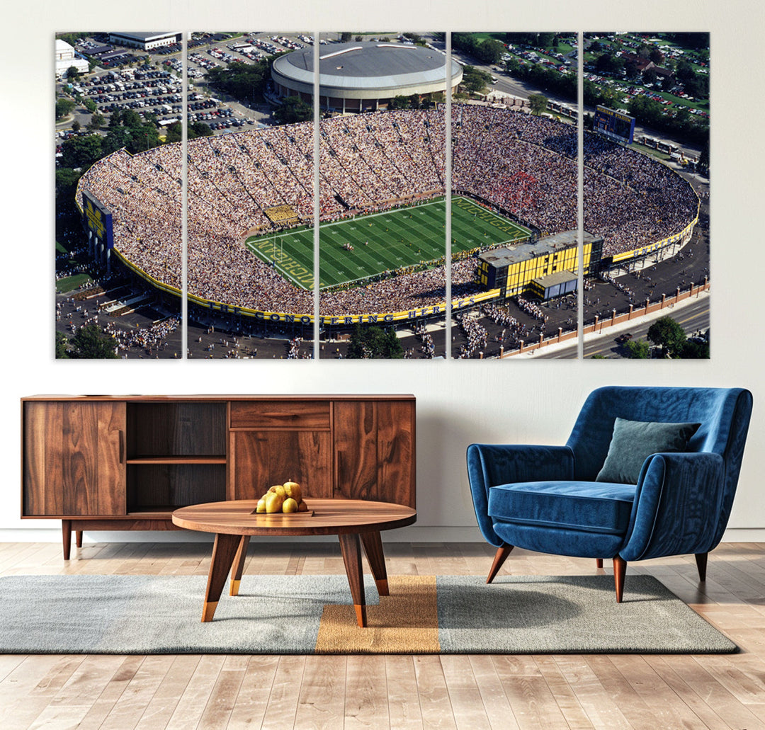 Game Day at Michigan Wolverine Football Stadium Wall Art Canvas Print Ready to Hang Framed American Football Stadium Wall Art, NFL Wall Art