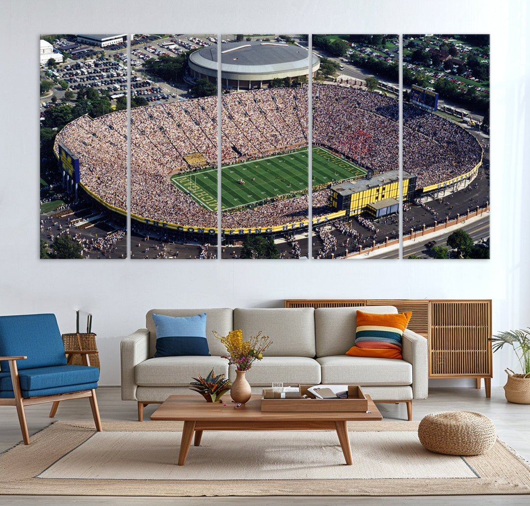 Game Day at Michigan Wolverine Football Stadium Wall Art Canvas Print Ready to Hang Framed American Football Stadium Wall Art, NFL Wall Art