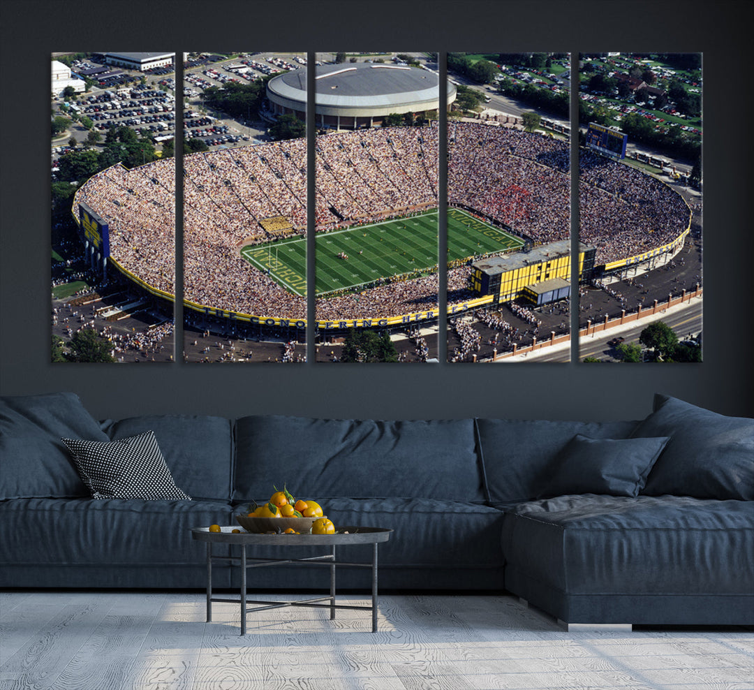 Game Day at Michigan Wolverine Football Stadium Wall Art Canvas Print Ready to Hang Framed American Football Stadium Wall Art, NFL Wall Art