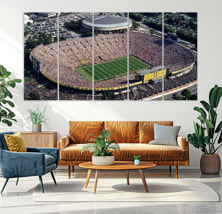 Game Day at Michigan Wolverine Football Stadium Wall Art Canvas Print Ready to Hang Framed American Football Stadium Wall Art, NFL Wall Art