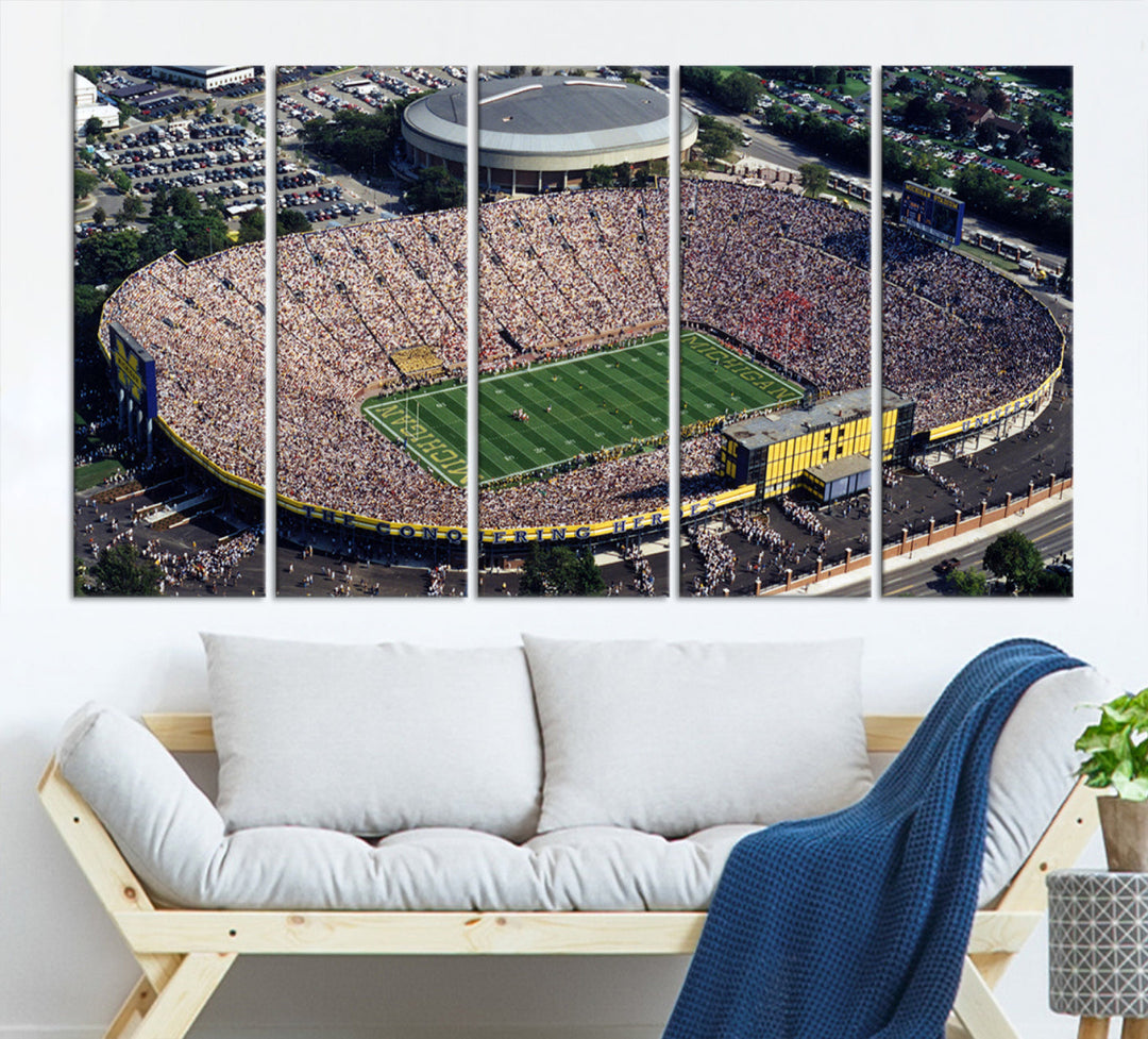 Game Day at Michigan Wolverine Football Stadium Wall Art Canvas Print Ready to Hang Framed American Football Stadium Wall Art, NFL Wall Art