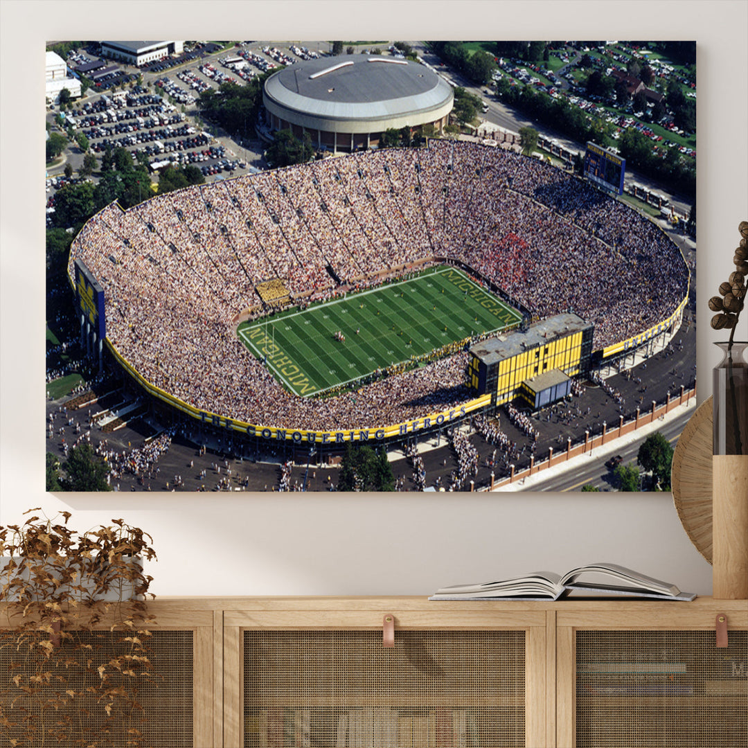 Game Day at Michigan Wolverine Football Stadium Wall Art Canvas Print Ready to Hang Framed American Football Stadium Wall Art, NFL Wall Art