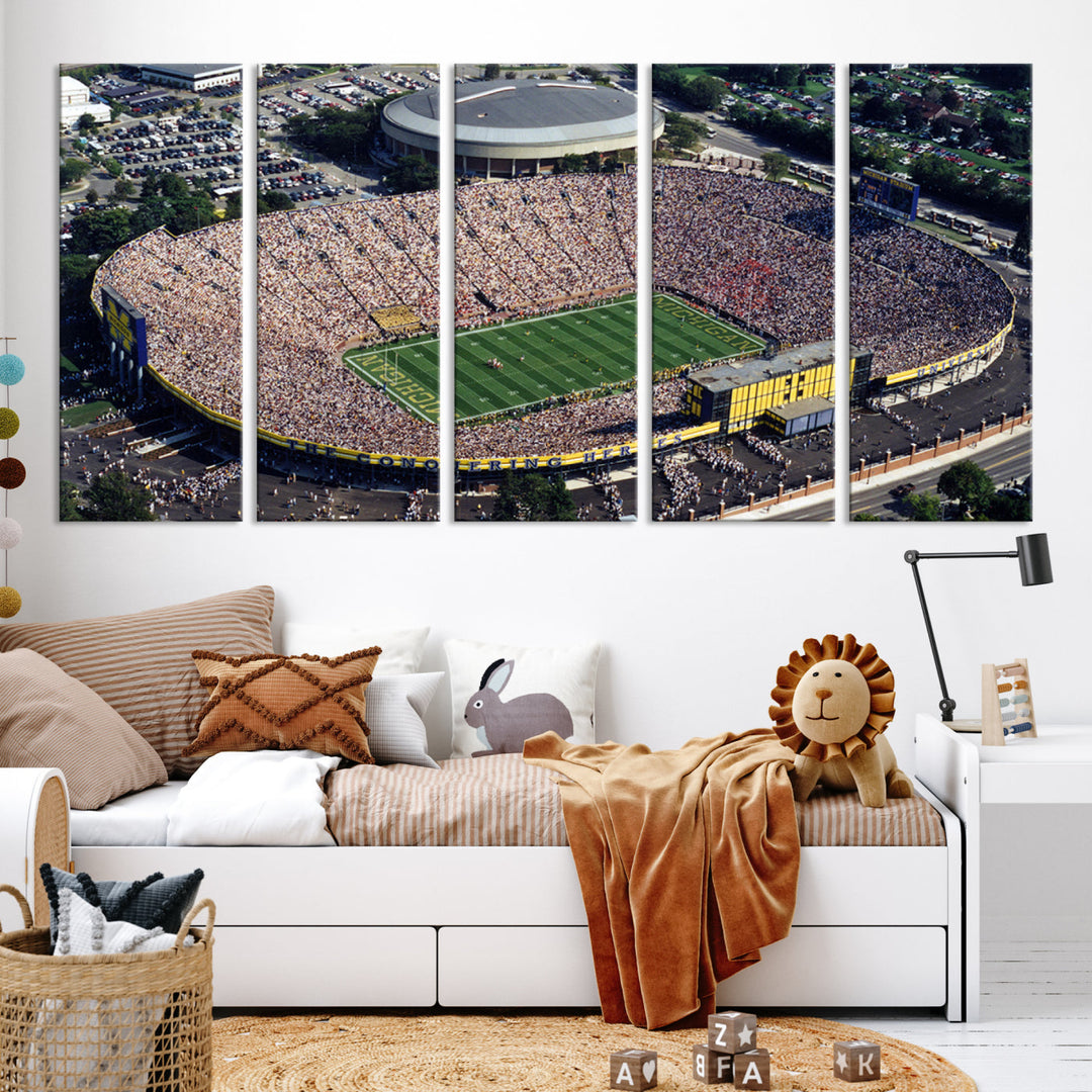 Game Day at Michigan Wolverine Football Stadium Wall Art Canvas Print Ready to Hang Framed American Football Stadium Wall Art, NFL Wall Art