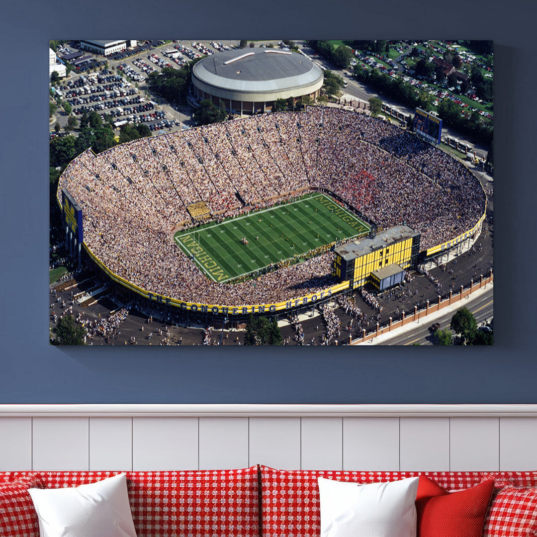 Game Day at Michigan Wolverine Football Stadium Wall Art Canvas Print Ready to Hang Framed American Football Stadium Wall Art, NFL Wall Art