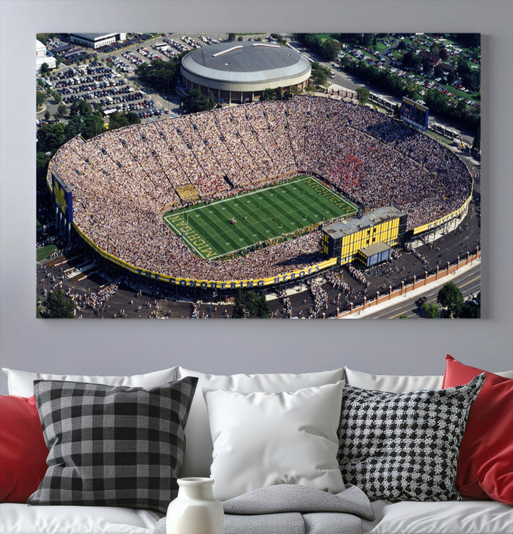 Game Day at Michigan Wolverine Football Stadium Wall Art Canvas Print Ready to Hang Framed American Football Stadium Wall Art, NFL Wall Art