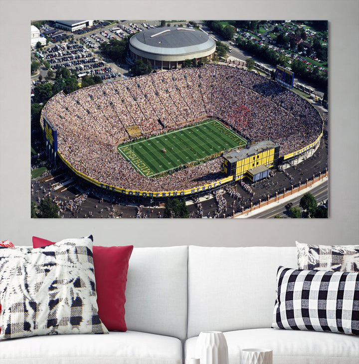 Game Day at Michigan Wolverine Football Stadium Wall Art Canvas Print Ready to Hang Framed American Football Stadium Wall Art, NFL Wall Art