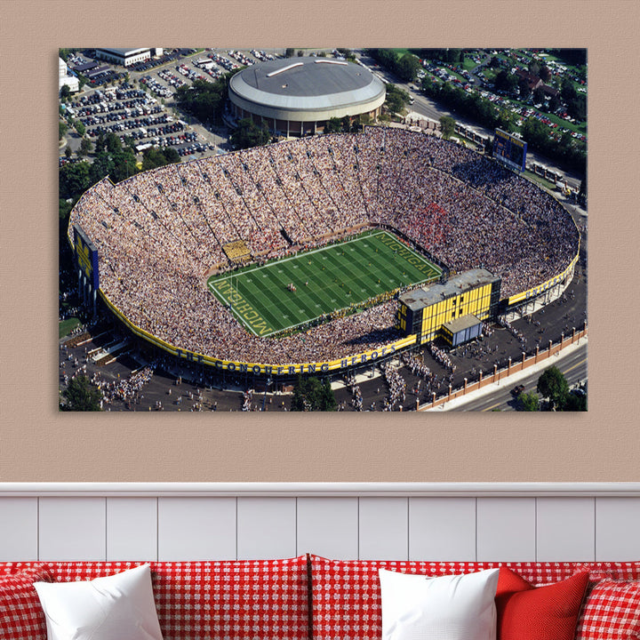 Game Day at Michigan Wolverine Football Stadium Wall Art Canvas Print Ready to Hang Framed American Football Stadium Wall Art, NFL Wall Art