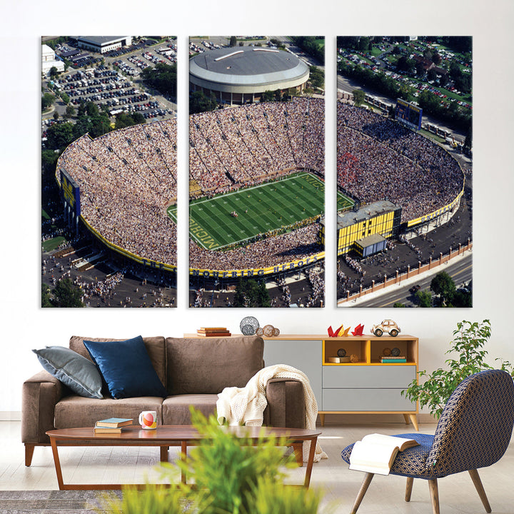 Game Day at Michigan Wolverine Football Stadium Wall Art Canvas Print Ready to Hang Framed American Football Stadium Wall Art, NFL Wall Art