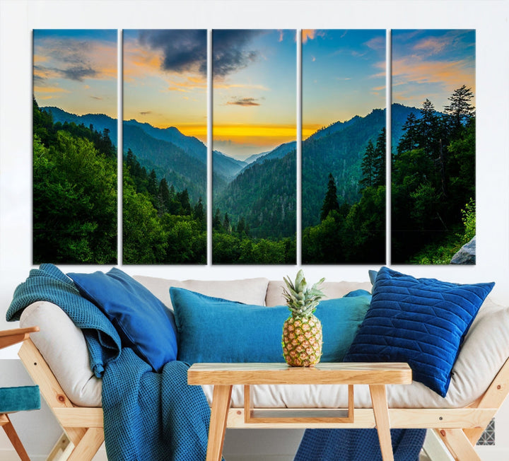 Glamorous Sunset View Mountain Landscape Canvas Wall Art Large Forest Print