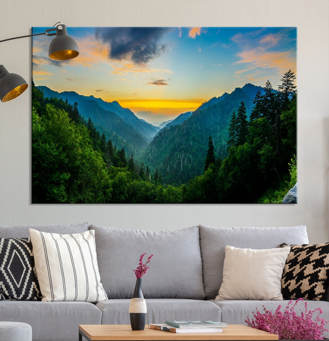 Glamorous Sunset View Mountain Landscape Canvas Wall Art Large Forest Print