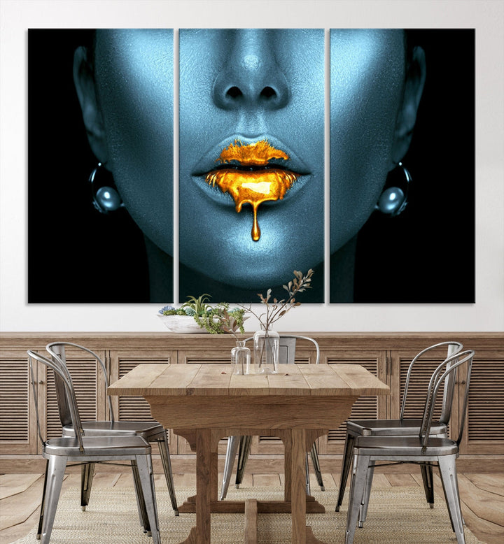 Glitter Lips Fashion Wall Art Canvas Print Makeup Gold Lips Sensual Bedroom Decor