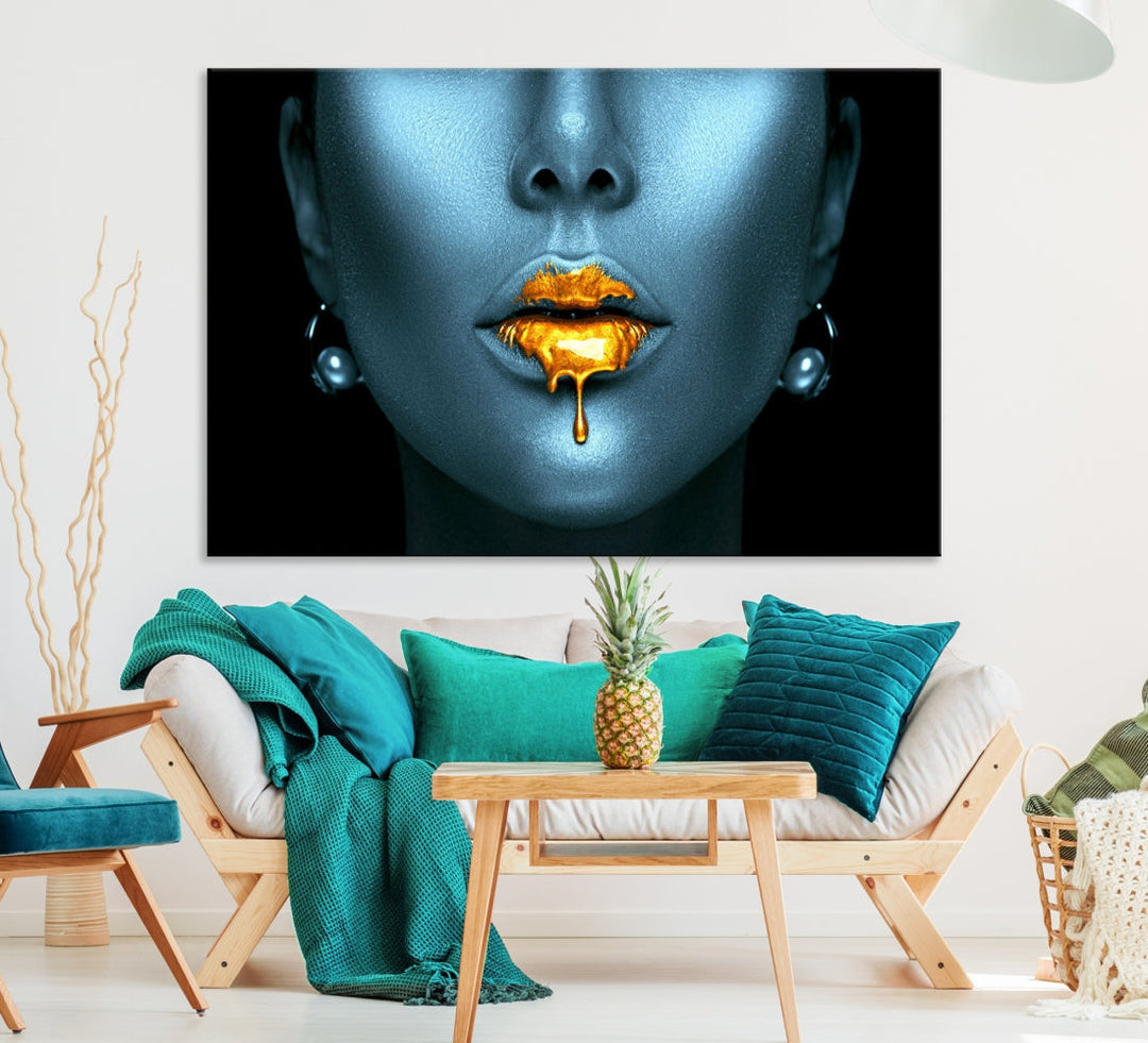 Glitter Lips Fashion Wall Art Canvas Print Makeup Gold Lips Sensual Bedroom Decor