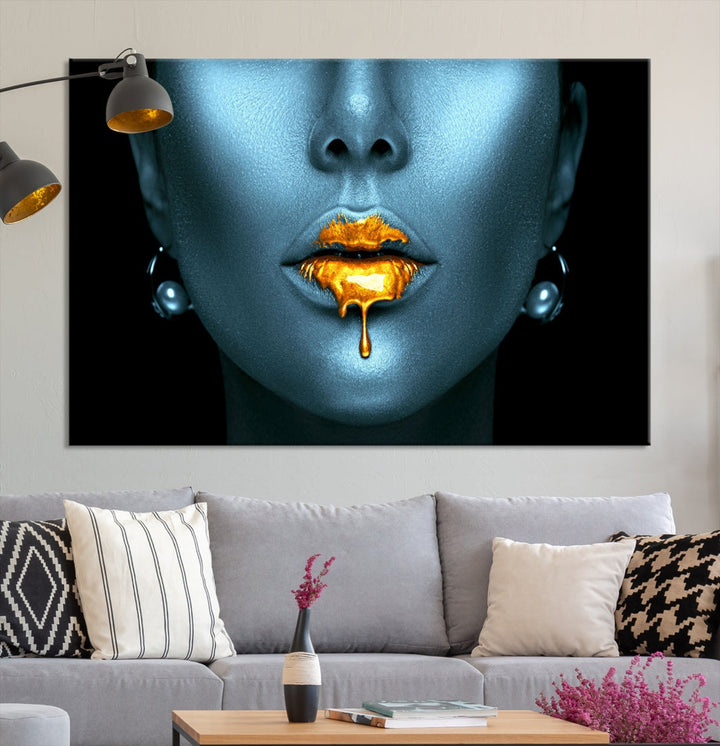 Glitter Lips Fashion Wall Art Canvas Print Makeup Gold Lips Sensual Bedroom Decor