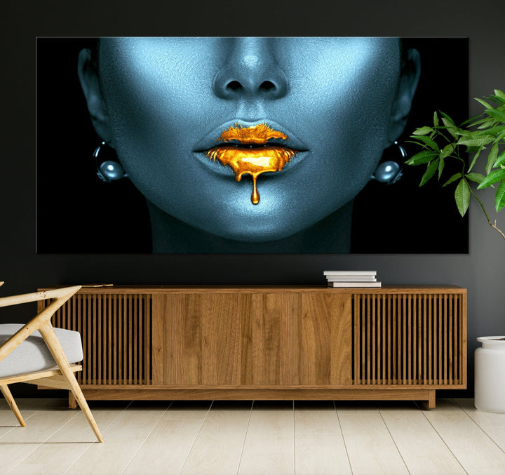 Glitter Lips Fashion Wall Art Canvas Print Makeup Gold Lips Sensual Bedroom Decor