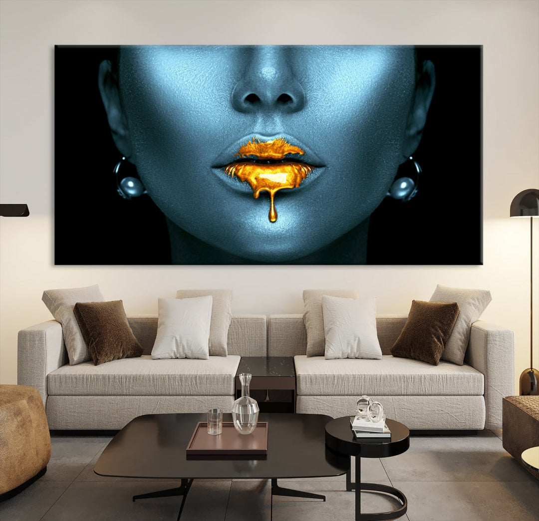 Glitter Lips Fashion Wall Art Canvas Print Makeup Gold Lips Sensual Bedroom Decor