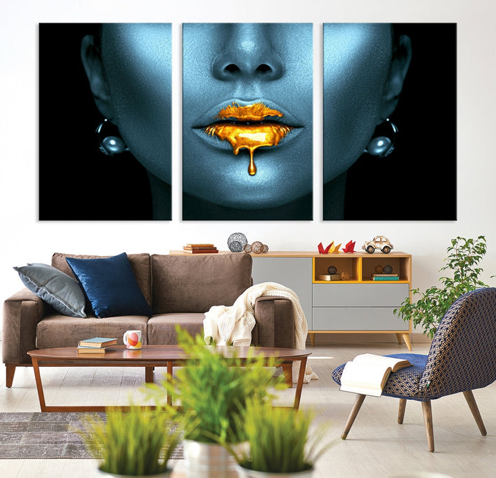 Glitter Lips Fashion Wall Art Canvas Print Makeup Gold Lips Sensual Bedroom Decor