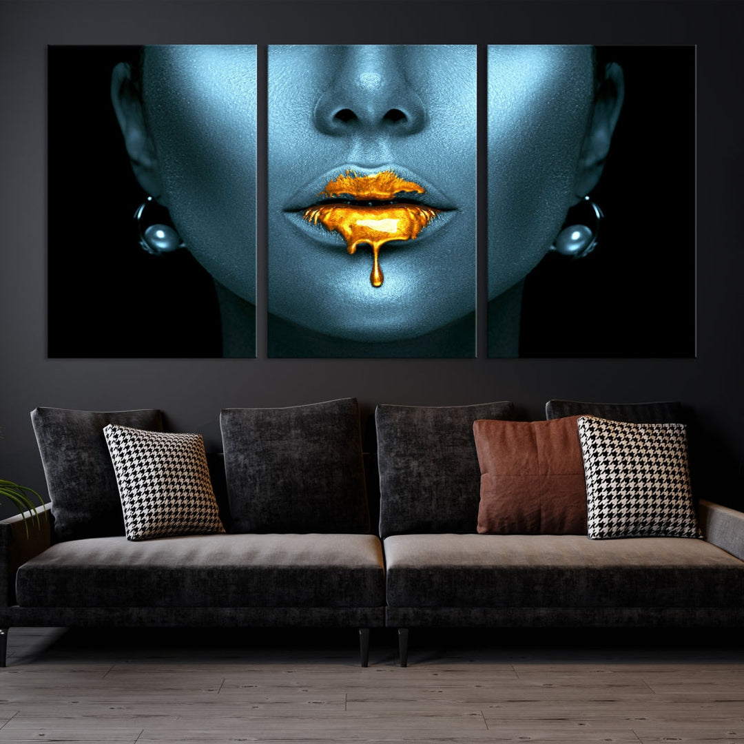 Glitter Lips Fashion Wall Art Canvas Print Makeup Gold Lips Sensual Bedroom Decor