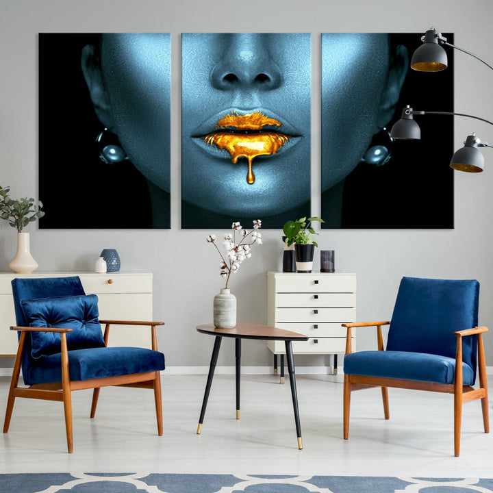 Glitter Lips Fashion Wall Art Canvas Print Makeup Gold Lips Sensual Bedroom Decor