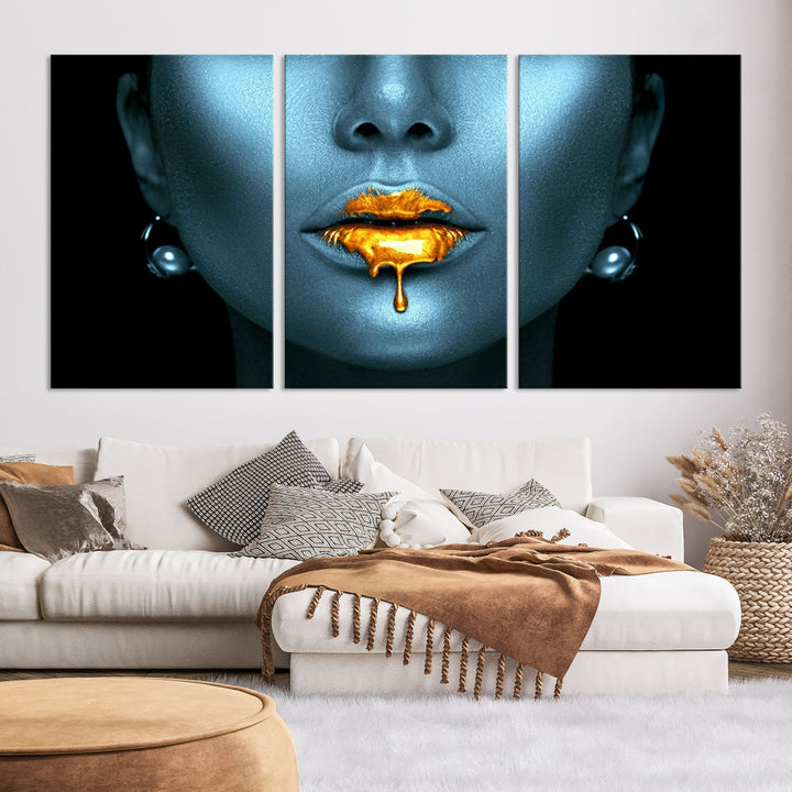 Glitter Lips Fashion Wall Art Canvas Print Makeup Gold Lips Sensual Bedroom Decor