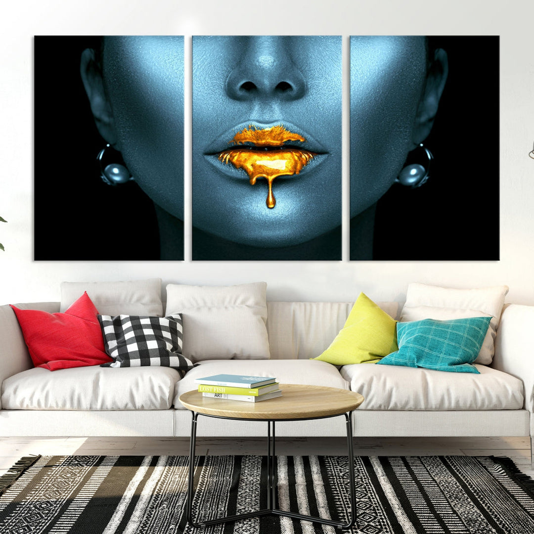 Glitter Lips Fashion Wall Art Canvas Print Makeup Gold Lips Sensual Bedroom Decor