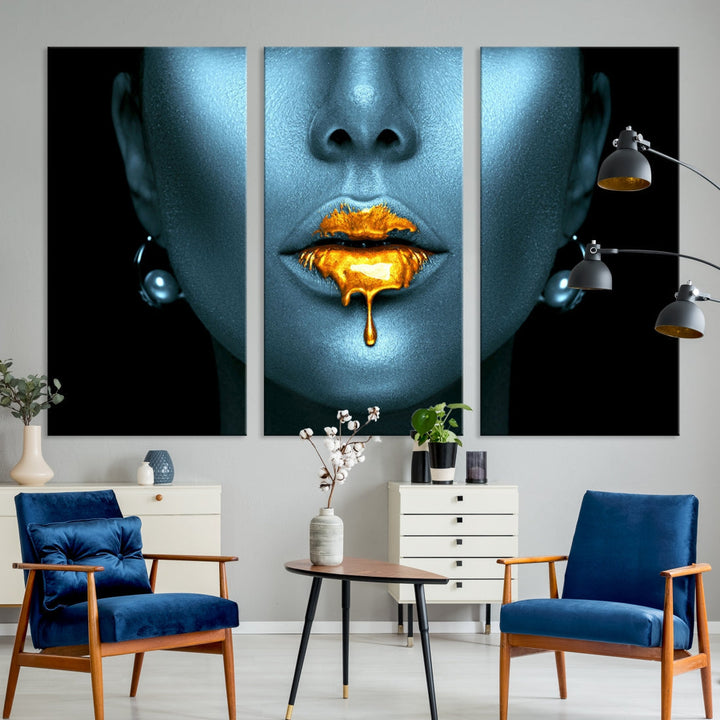 Glitter Lips Fashion Wall Art Canvas Print Makeup Gold Lips Sensual Bedroom Decor