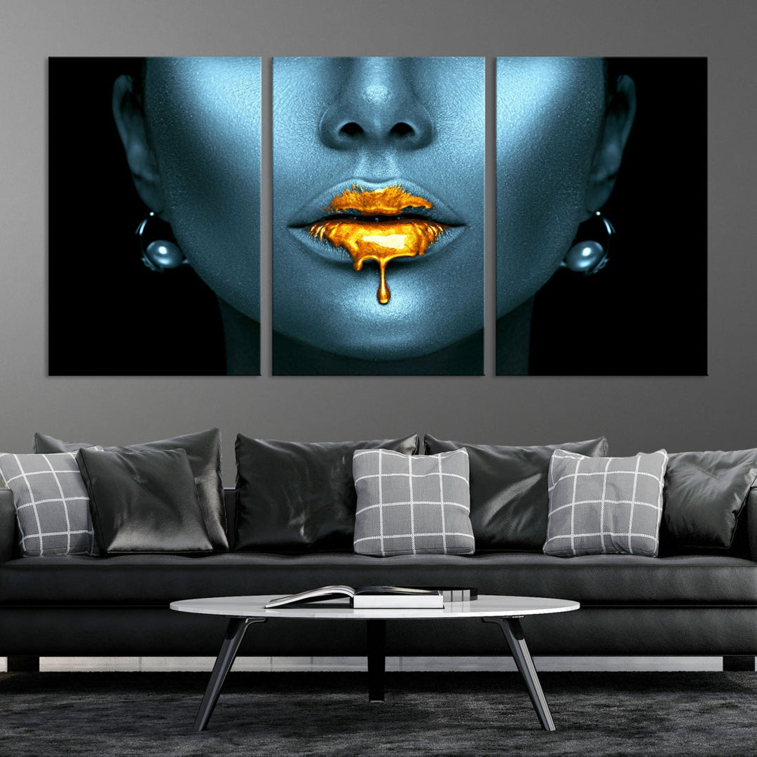 Glitter Lips Fashion Wall Art Canvas Print Makeup Gold Lips Sensual Bedroom Decor