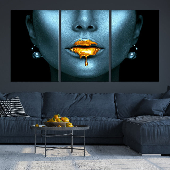 Glitter Lips Fashion Wall Art Canvas Print Makeup Gold Lips Sensual Bedroom Decor