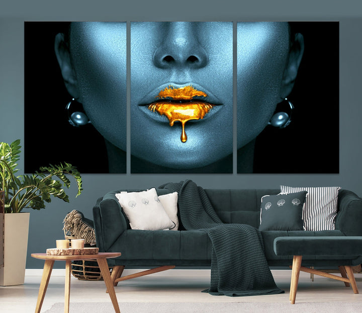 Glitter Lips Fashion Wall Art Canvas Print Makeup Gold Lips Sensual Bedroom Decor