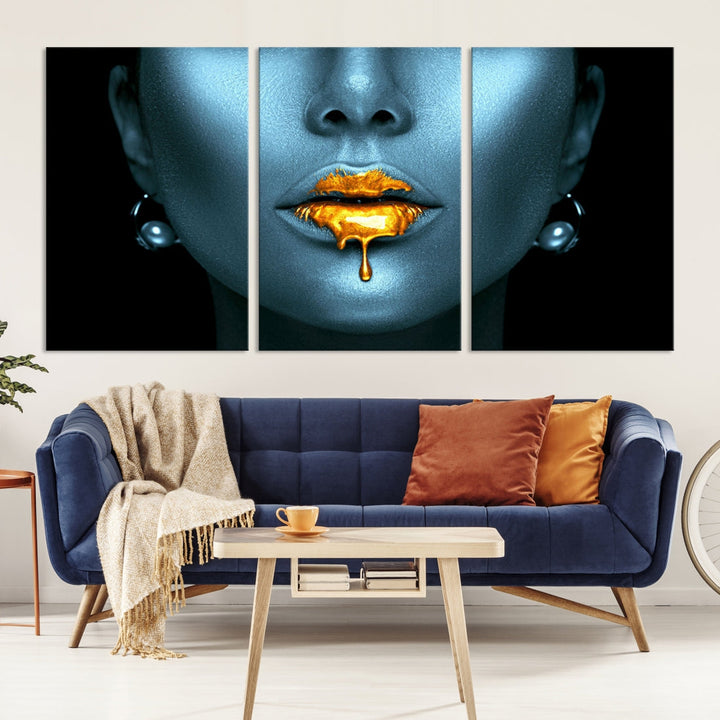 Glitter Lips Fashion Wall Art Canvas Print Makeup Gold Lips Sensual Bedroom Decor