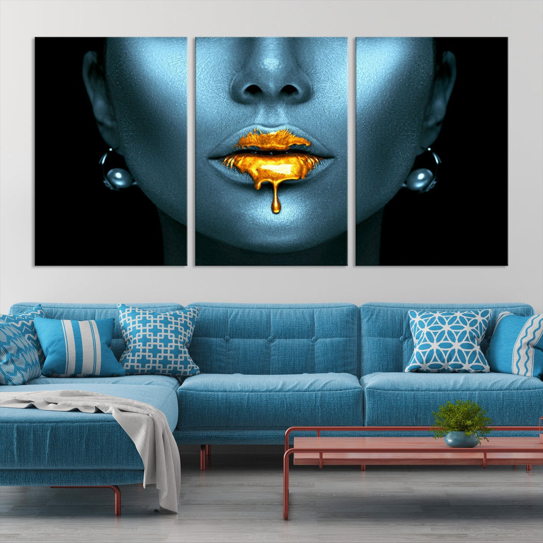 Glitter Lips Fashion Wall Art Canvas Print Makeup Gold Lips Sensual Bedroom Decor