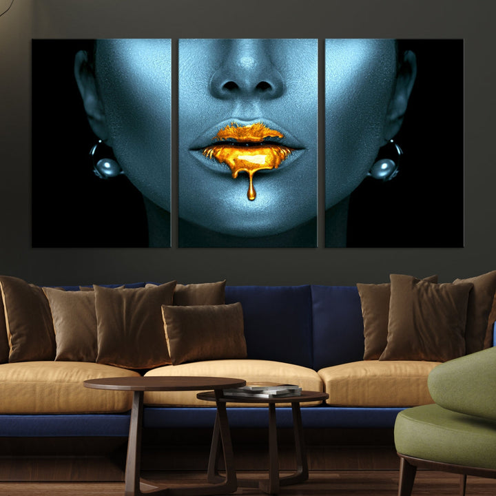 Glitter Lips Fashion Wall Art Canvas Print Makeup Gold Lips Sensual Bedroom Decor