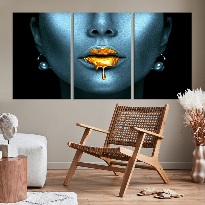 Glitter Lips Fashion Wall Art Canvas Print Makeup Gold Lips Sensual Bedroom Decor