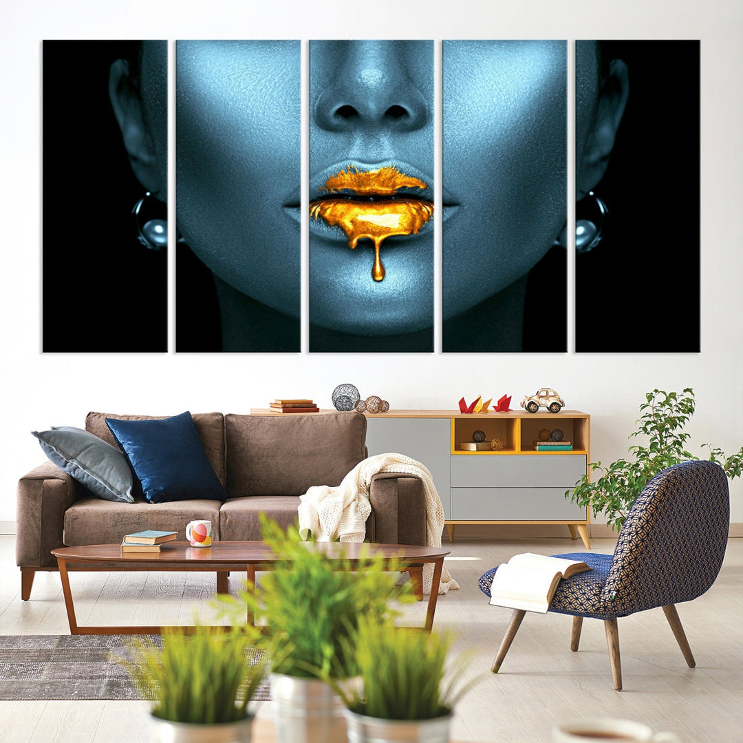 Glitter Lips Fashion Wall Art Canvas Print Makeup Gold Lips Sensual Bedroom Decor