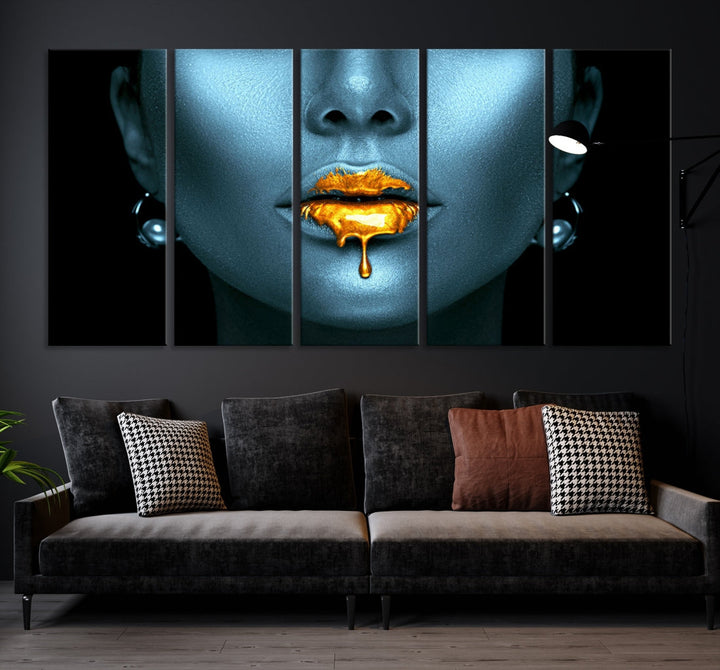 Glitter Lips Fashion Wall Art Canvas Print Makeup Gold Lips Sensual Bedroom Decor