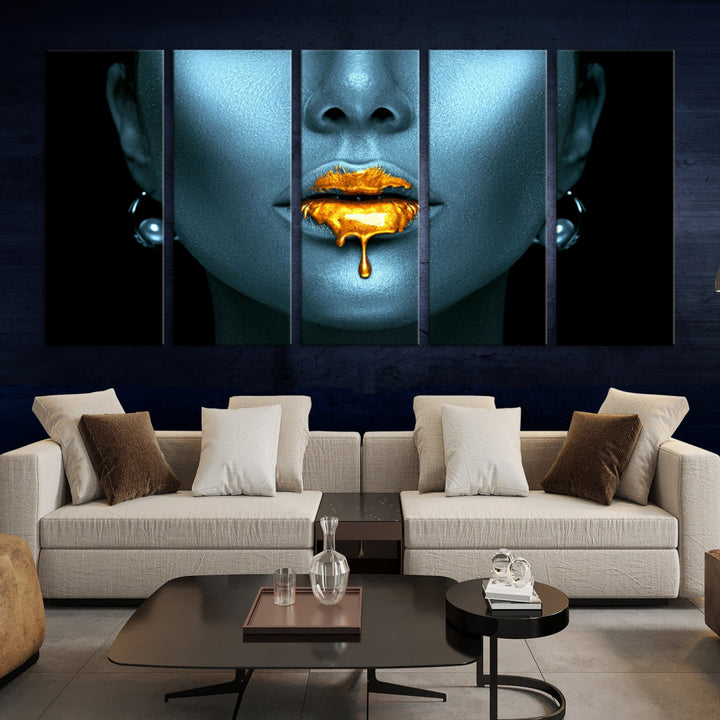 Glitter Lips Fashion Wall Art Canvas Print Makeup Gold Lips Sensual Bedroom Decor