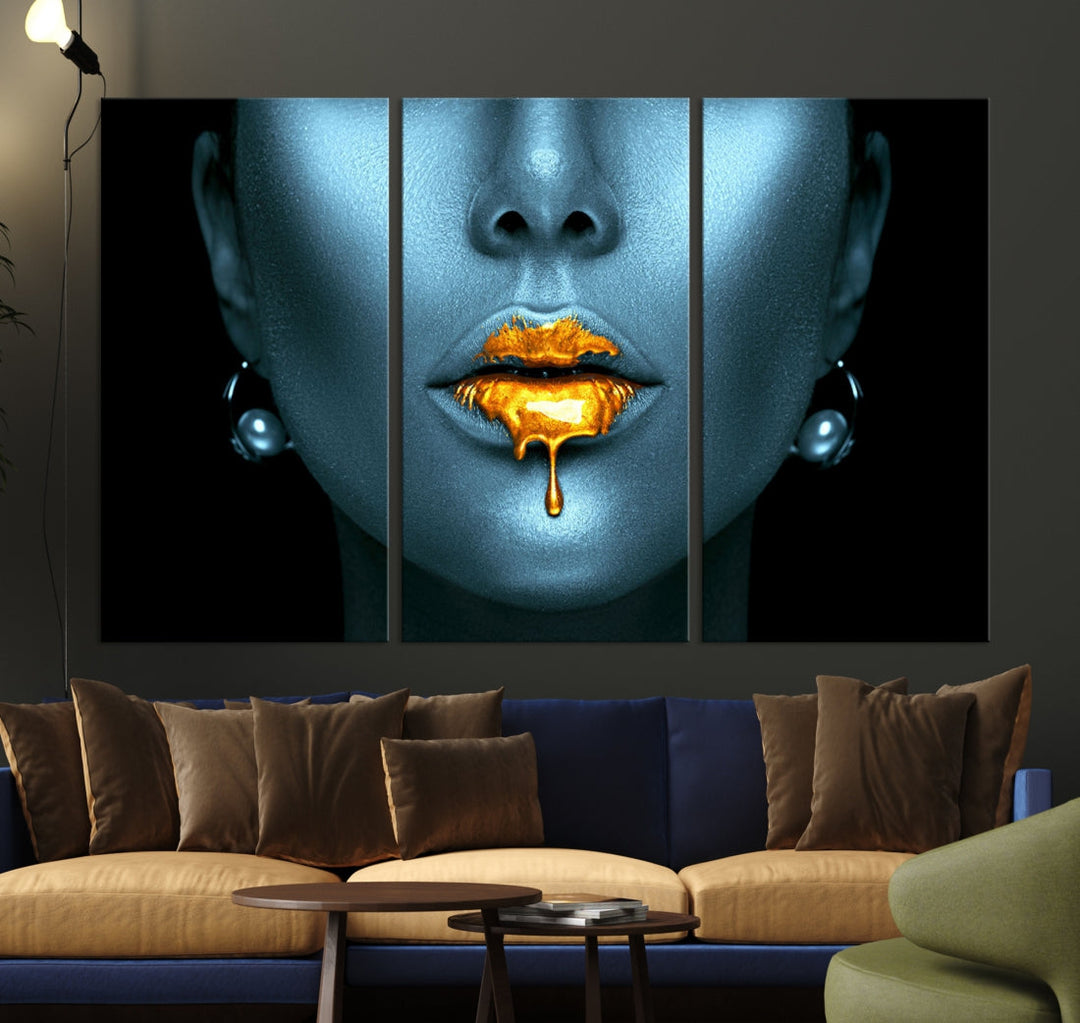 Glitter Lips Fashion Wall Art Canvas Print Makeup Gold Lips Sensual Bedroom Decor