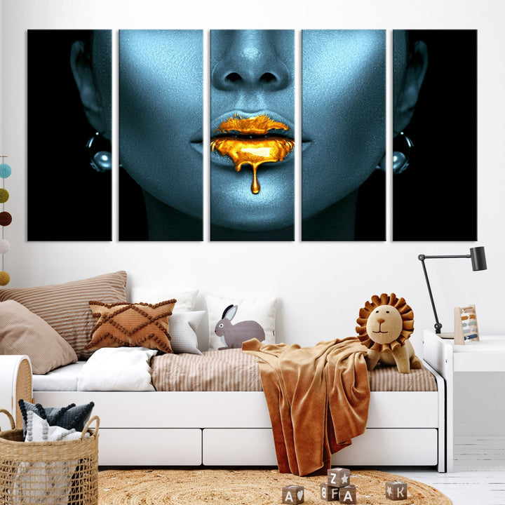 Glitter Lips Fashion Wall Art Canvas Print Makeup Gold Lips Sensual Bedroom Decor