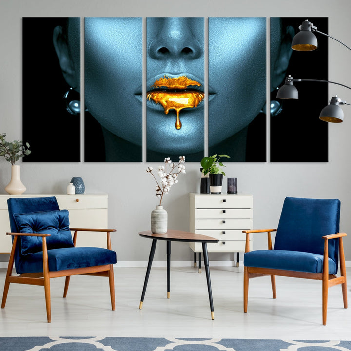 Glitter Lips Fashion Wall Art Canvas Print Makeup Gold Lips Sensual Bedroom Decor