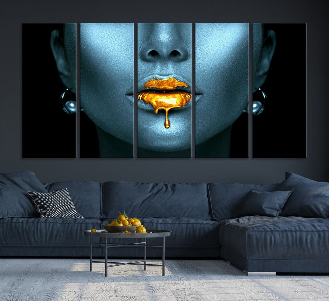 Glitter Lips Fashion Wall Art Canvas Print Makeup Gold Lips Sensual Bedroom Decor