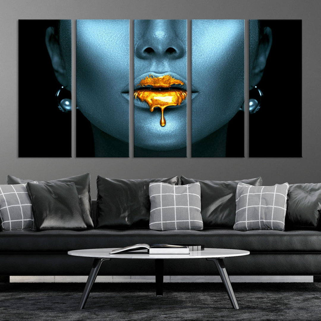 Glitter Lips Fashion Wall Art Canvas Print Makeup Gold Lips Sensual Bedroom Decor