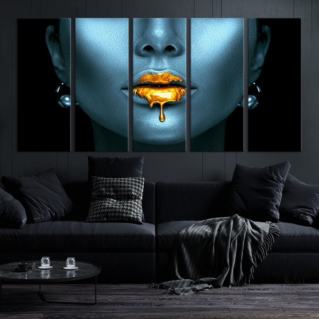 Glitter Lips Fashion Wall Art Canvas Print Makeup Gold Lips Sensual Bedroom Decor