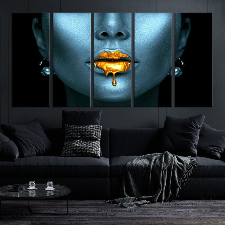 Glitter Lips Fashion Wall Art Canvas Print Makeup Gold Lips Sensual Bedroom Decor